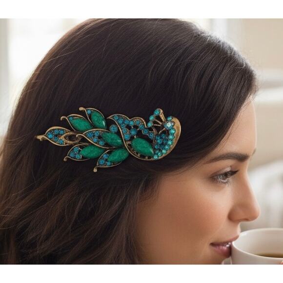 Green NWT Jeweled Peacock Hair Clip / Barrette - Picture 1 of 2